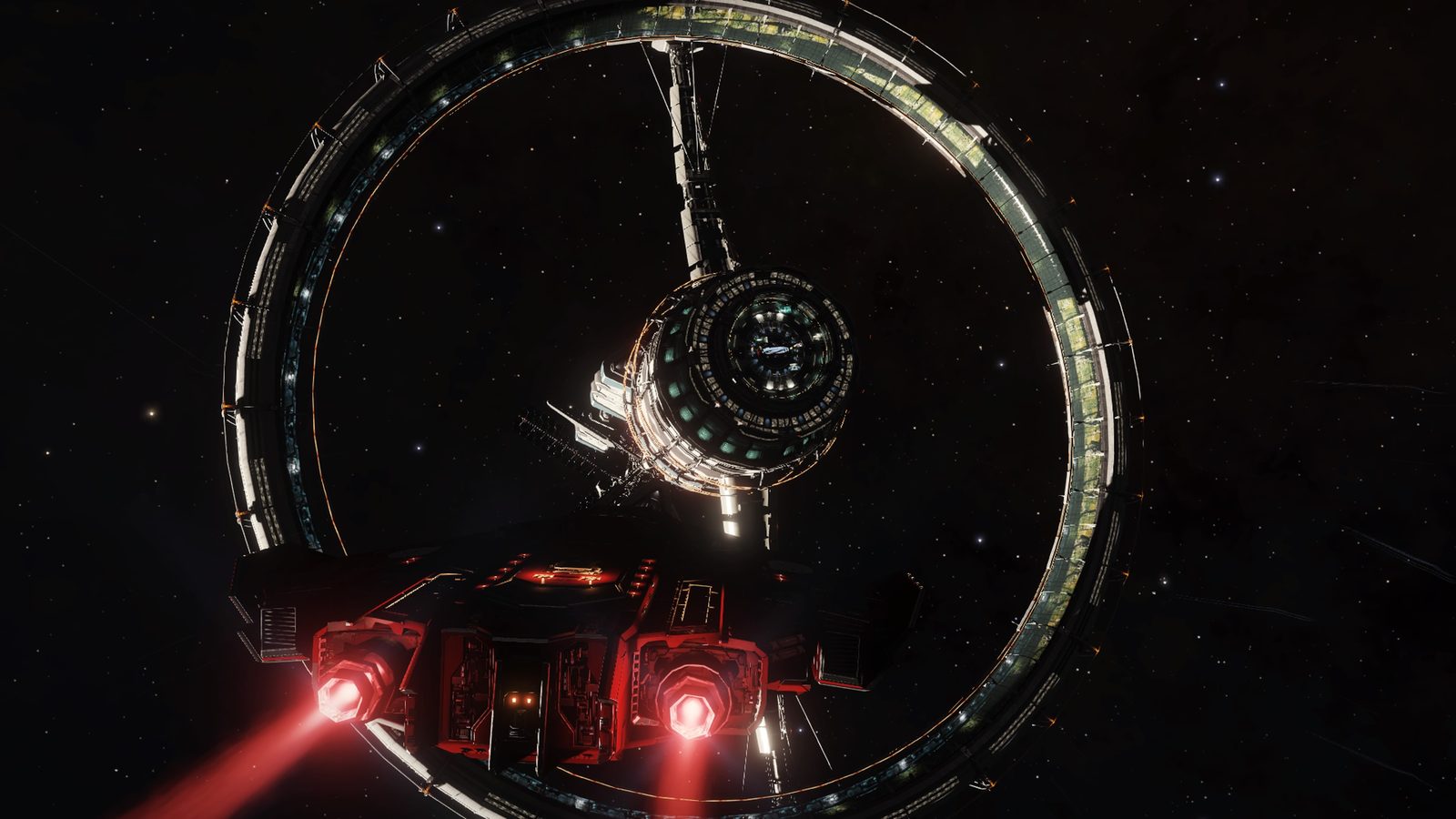 Ship approaching a large ring station at night with visible thrusters.