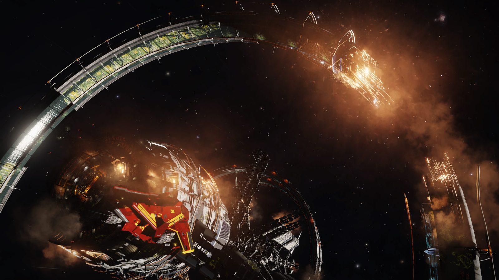 Ship near a damaged or destroyed station with sparks and debris.