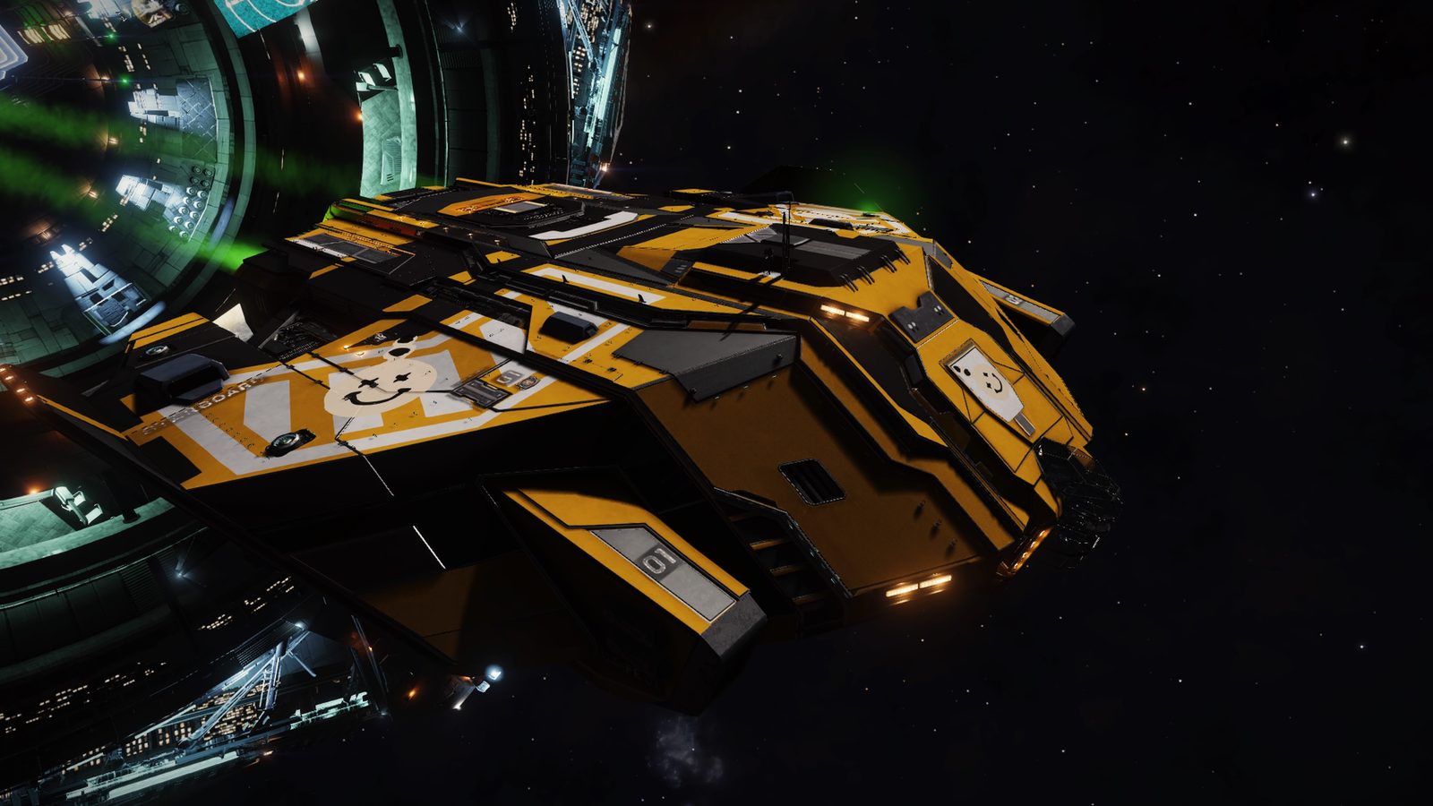 Yellow ship near station with visible markings.