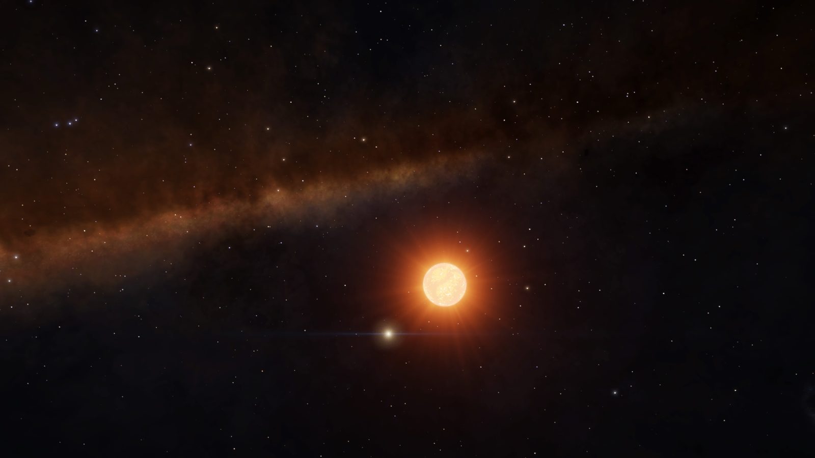 Star with smaller celestial body and Milky Way backdrop.