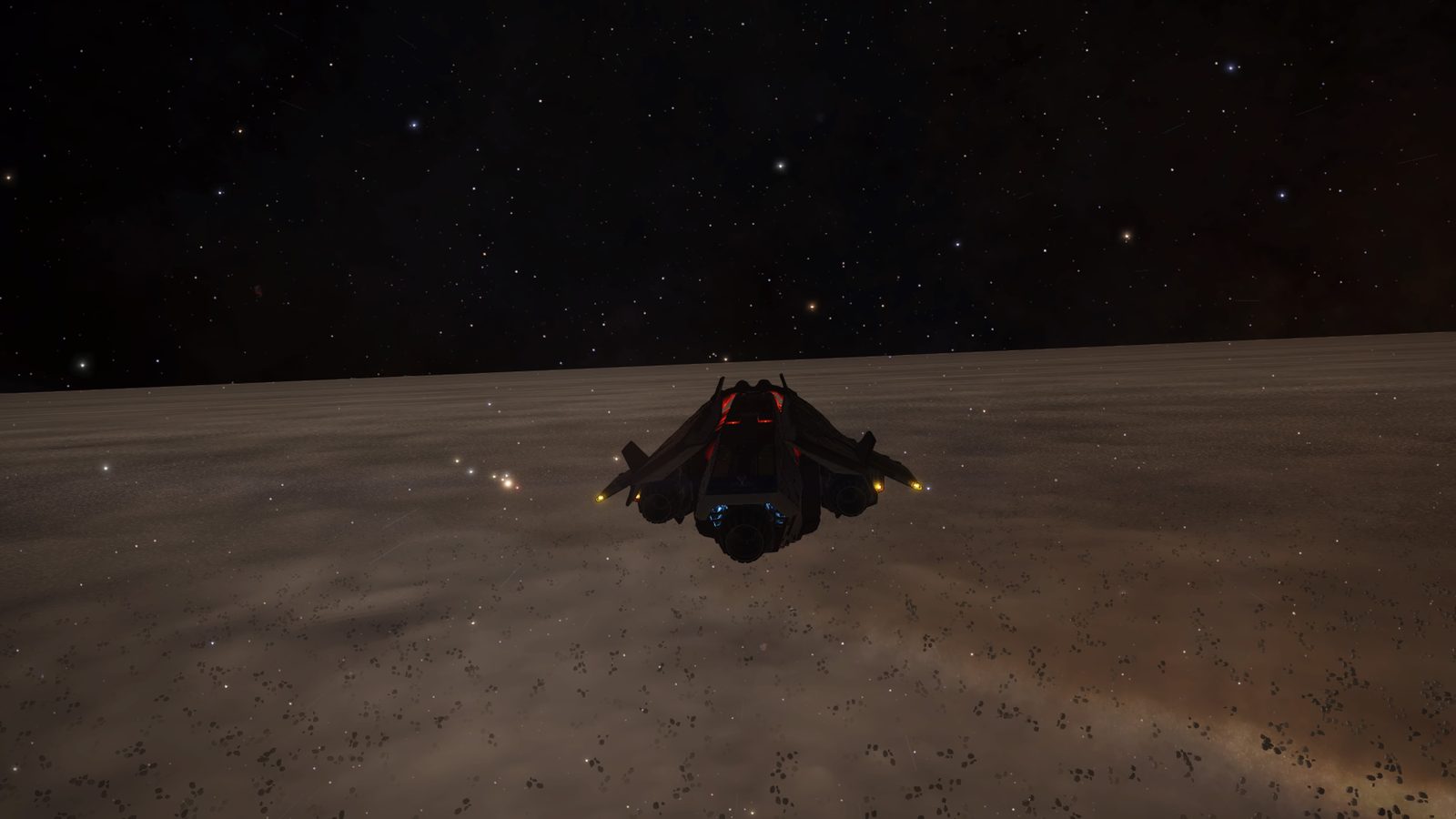 Ship over a detailed planetary surface with starfield background.