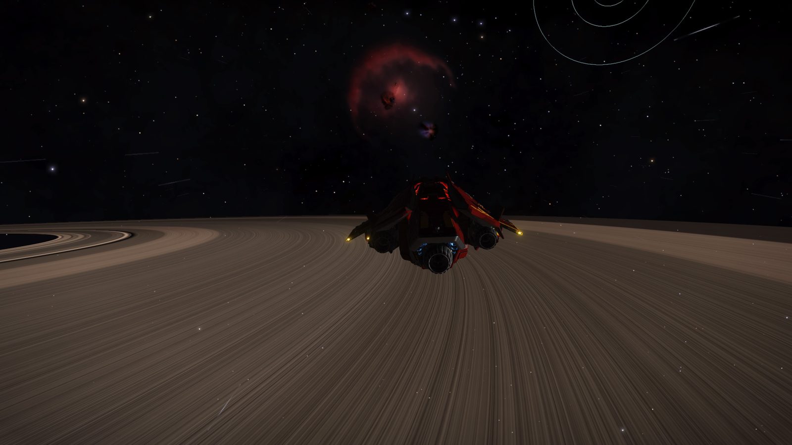 Spacecraft over ringed planet with nebula.