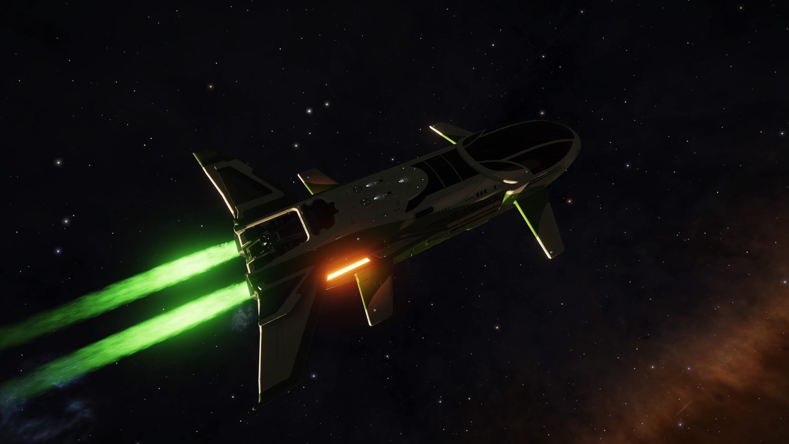 Ship flight scene with strong space and thruster effects.