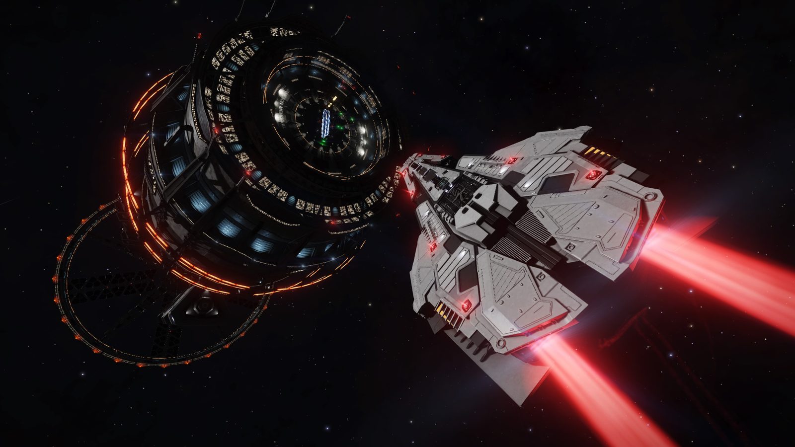 Docking or station approach with clear ship and station visuals.