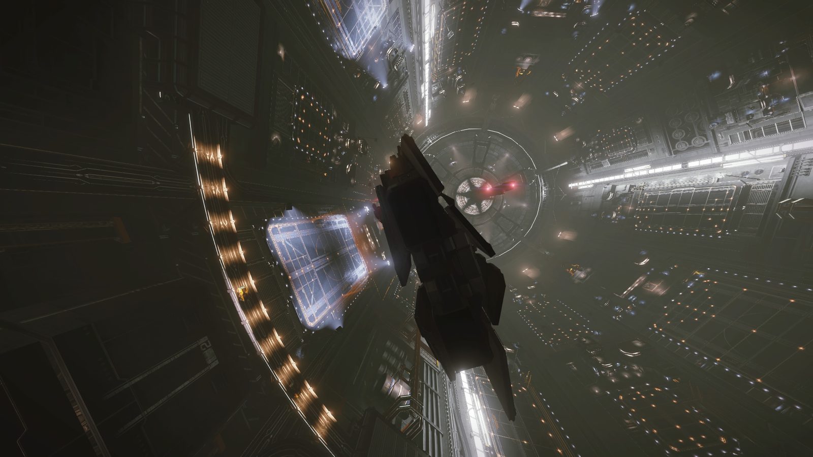 Dynamic ship approach to station with detailed lighting.