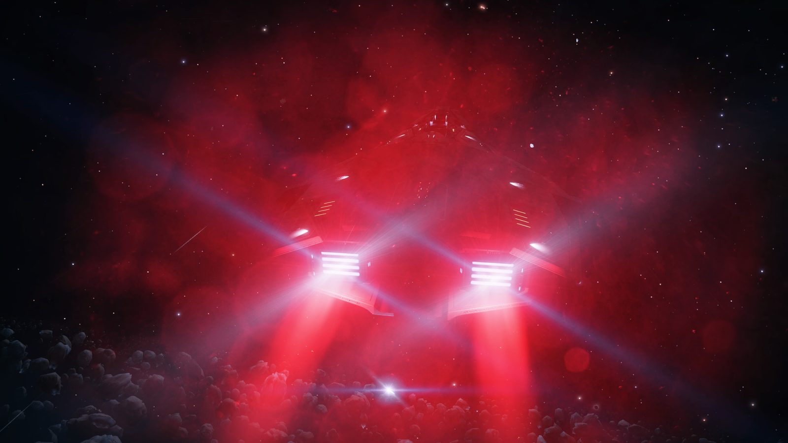 Ship thrusters or weapons firing with strong red glow and effects.