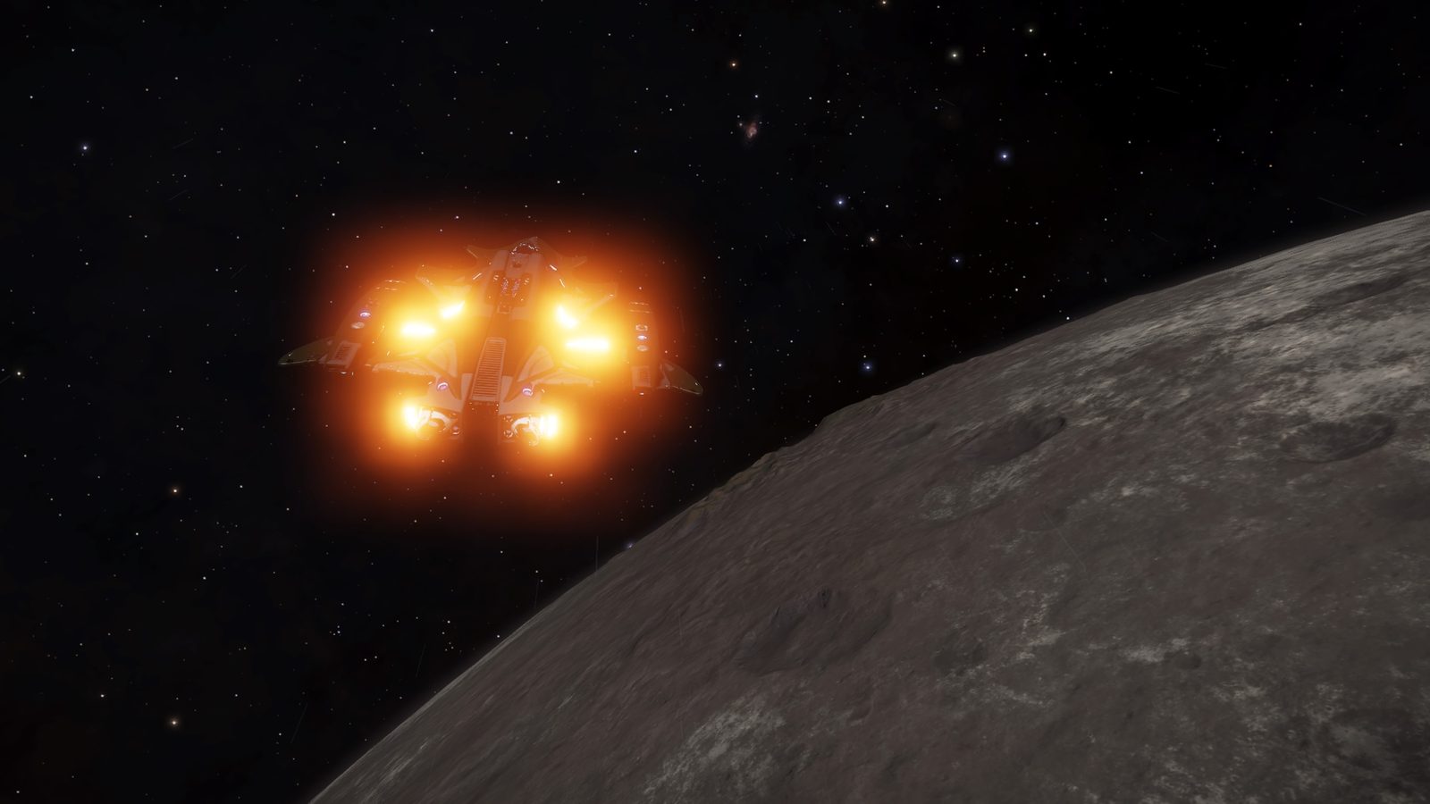 Strong space and planetary scale shot with visible ship thrusters.