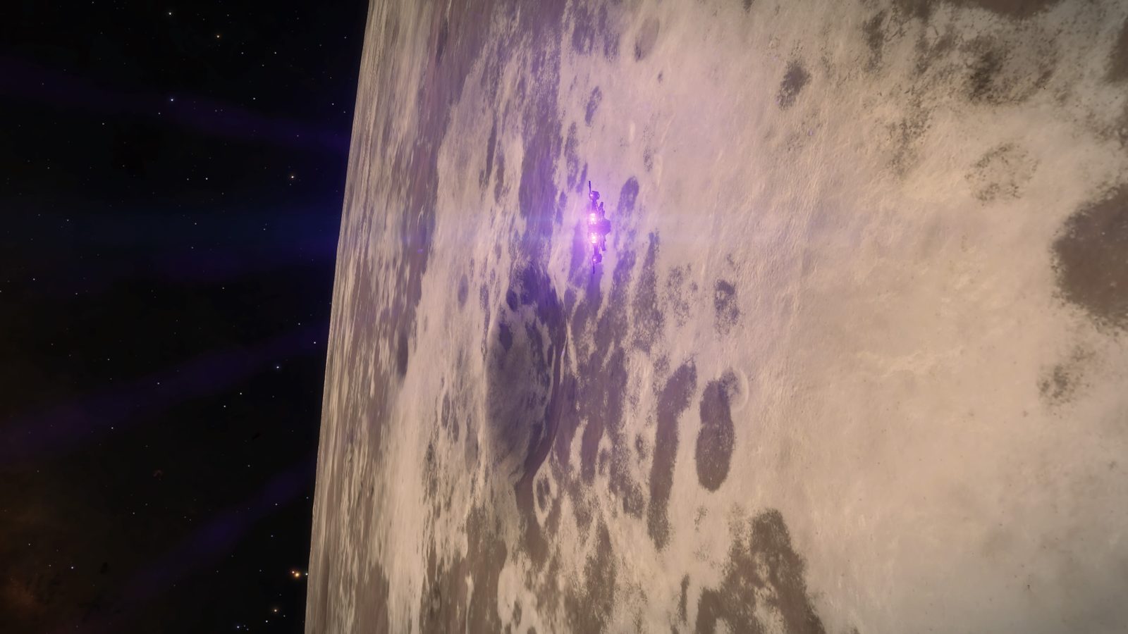 Close-up planetary surface with ship thrusters and atmospheric effects.