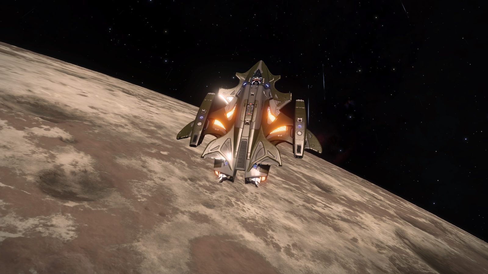 Spacecraft near moon with surface detail.