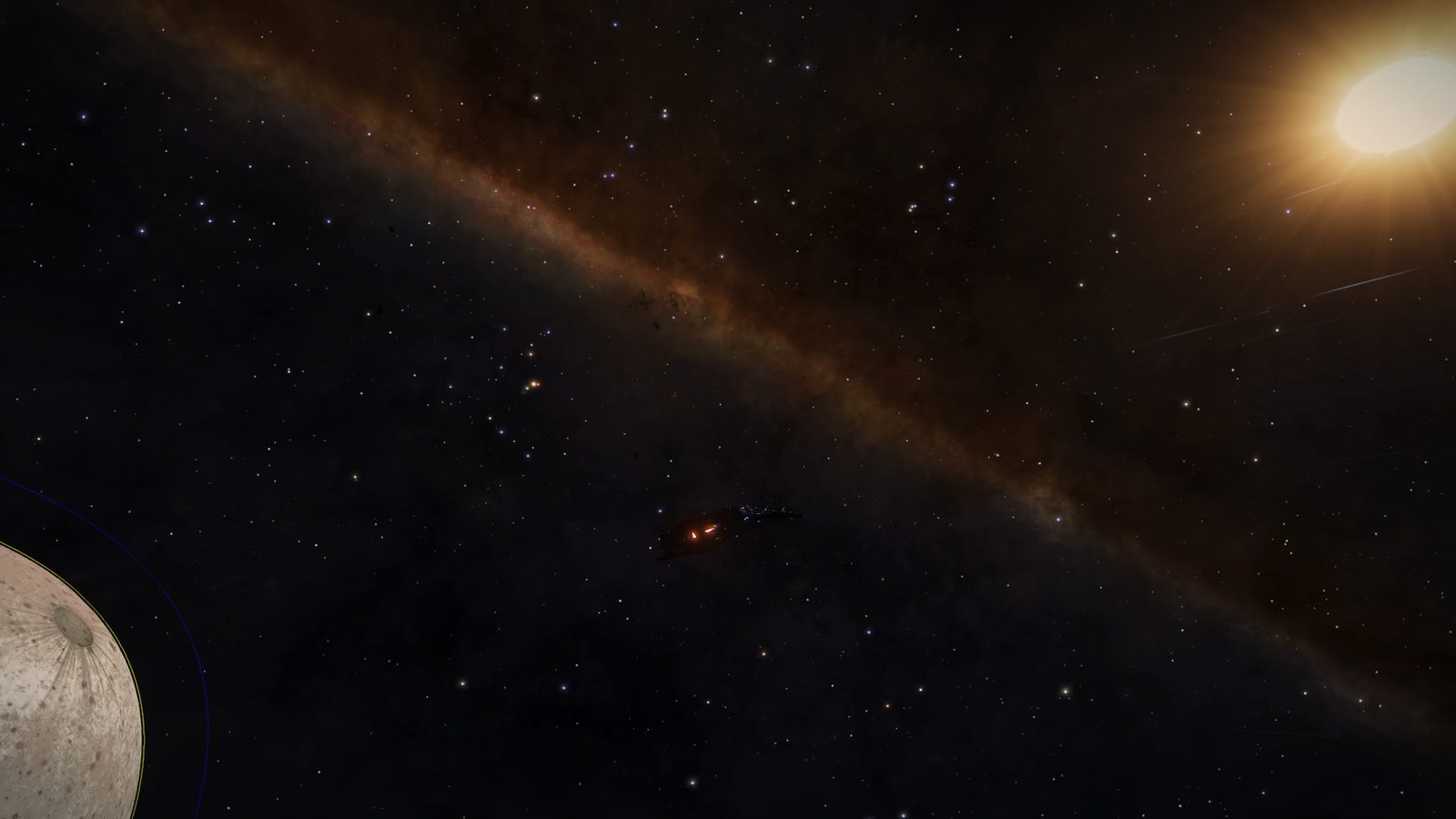 Expansive space scene showing galaxy band and ship near a moon.
