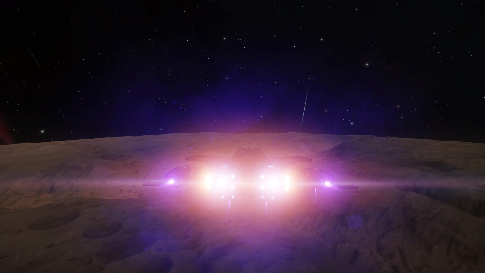 Dramatic ship rear view with planetary horizon and starfield.