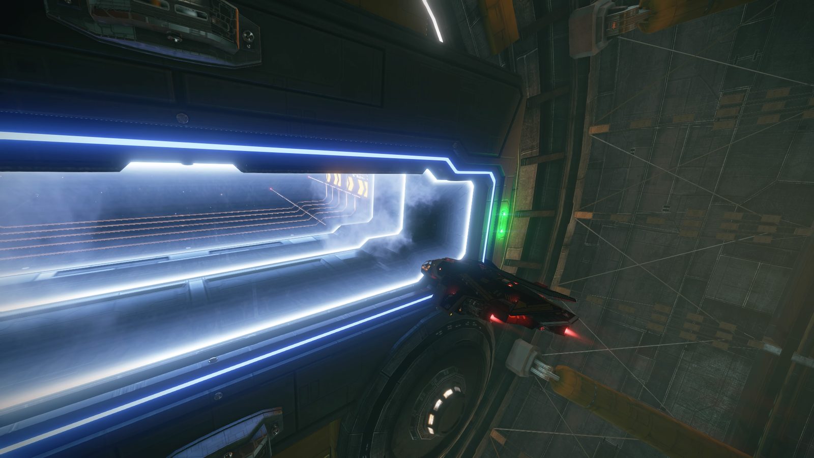 Atmospheric station interior with ship and lighting.