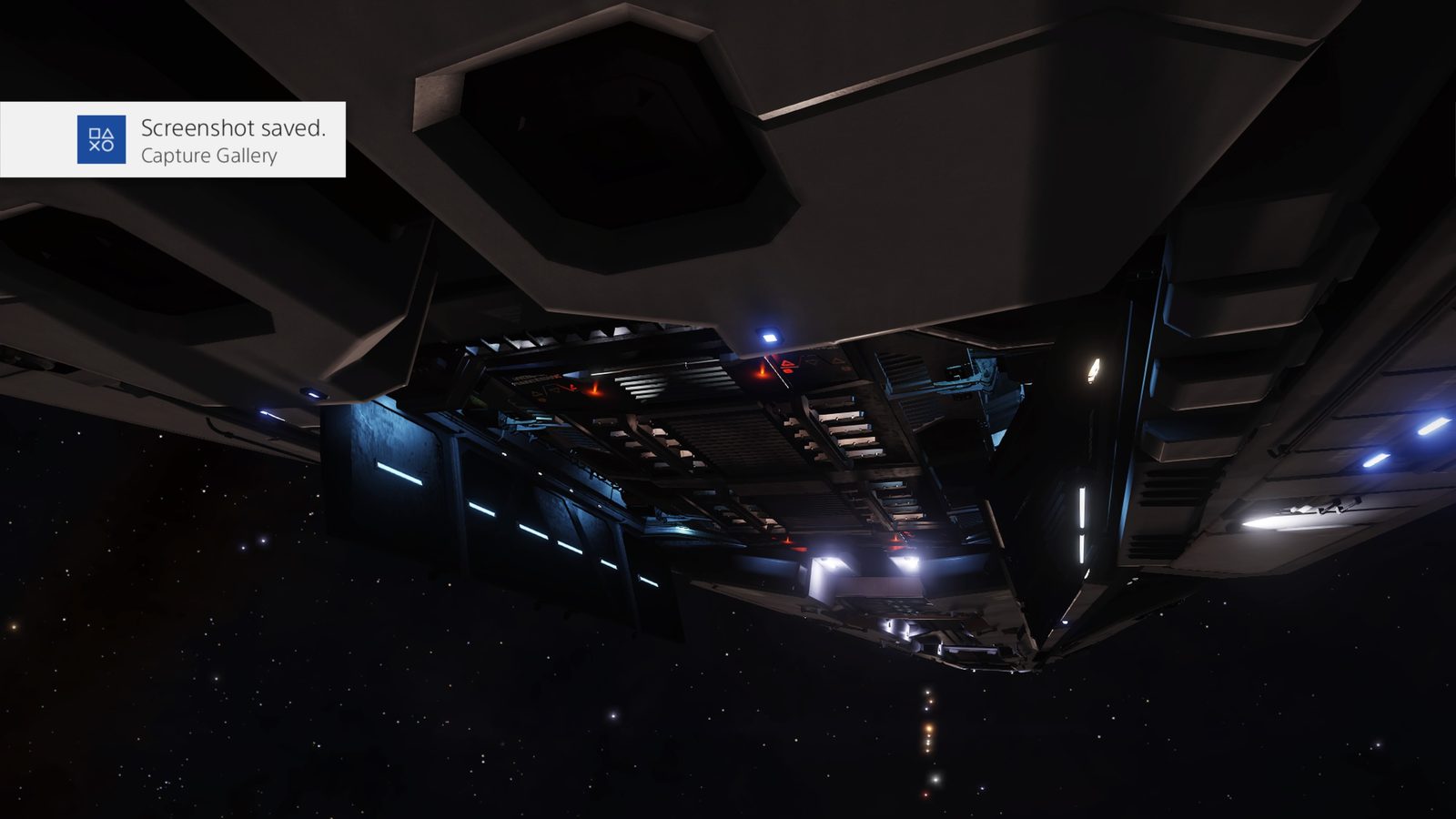 Detailed ship underside with lighting effects.