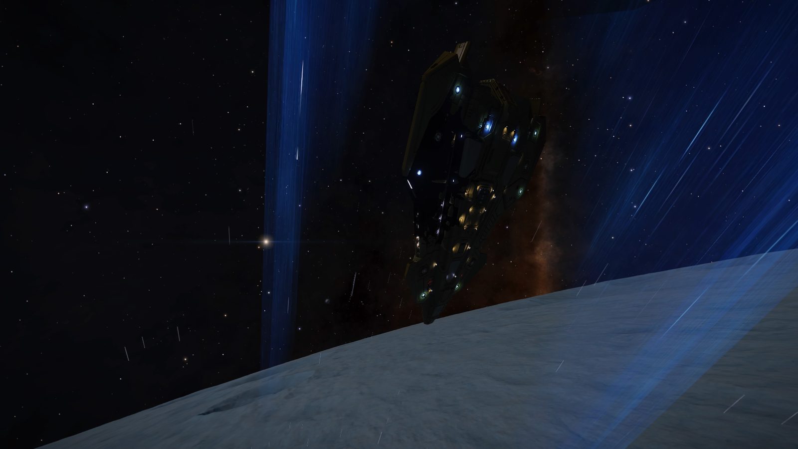 Planetary horizon with large ship silhouette and starfield.