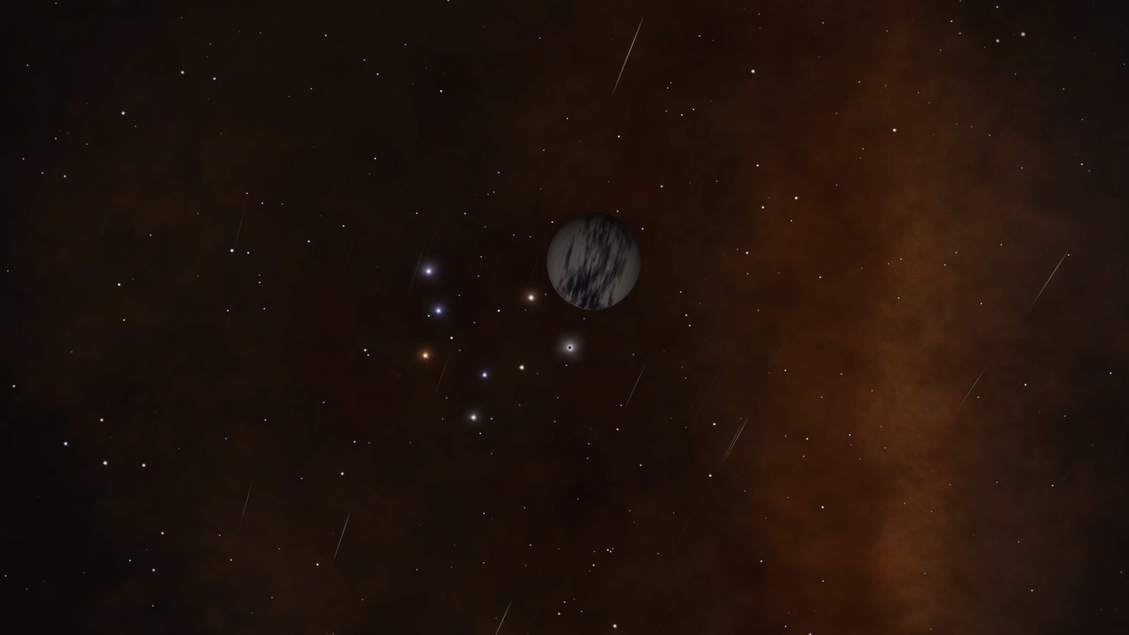 Distant planet with star cluster in background.