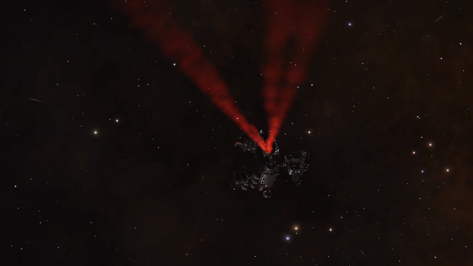 Ship with red smoke trails in space.