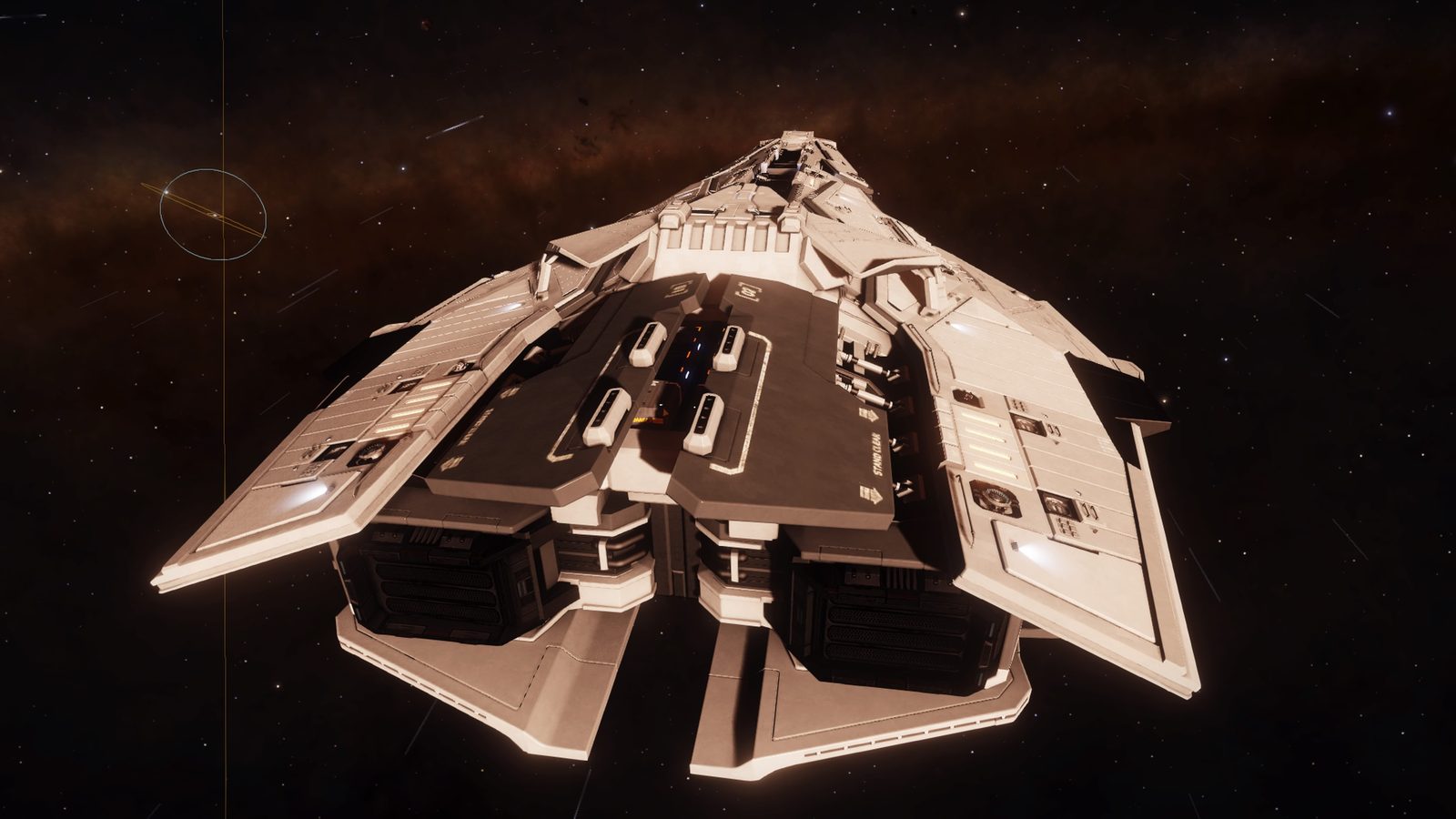 Ship rear view with starfield background.