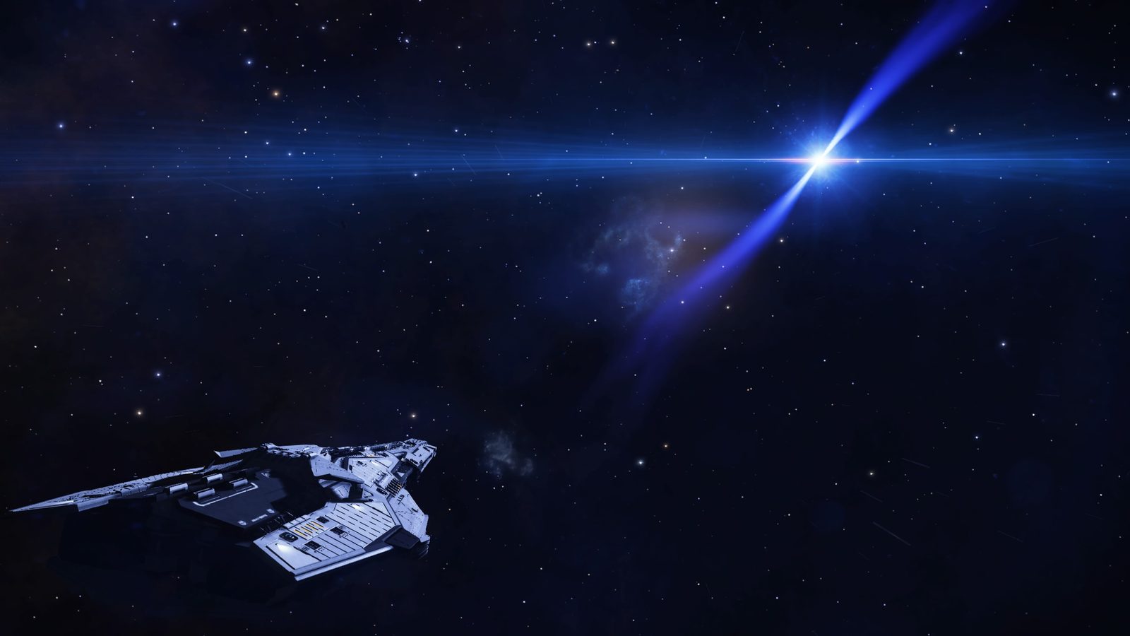 Ship near bright star with nebula background.