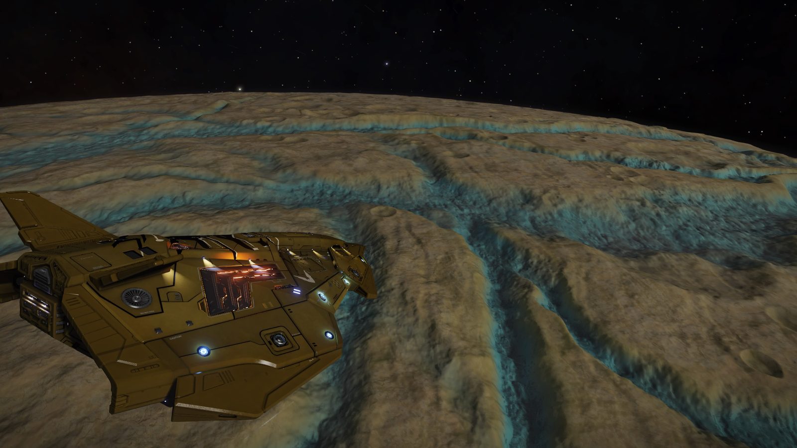 Planetary surface with ship and terrain detail.
