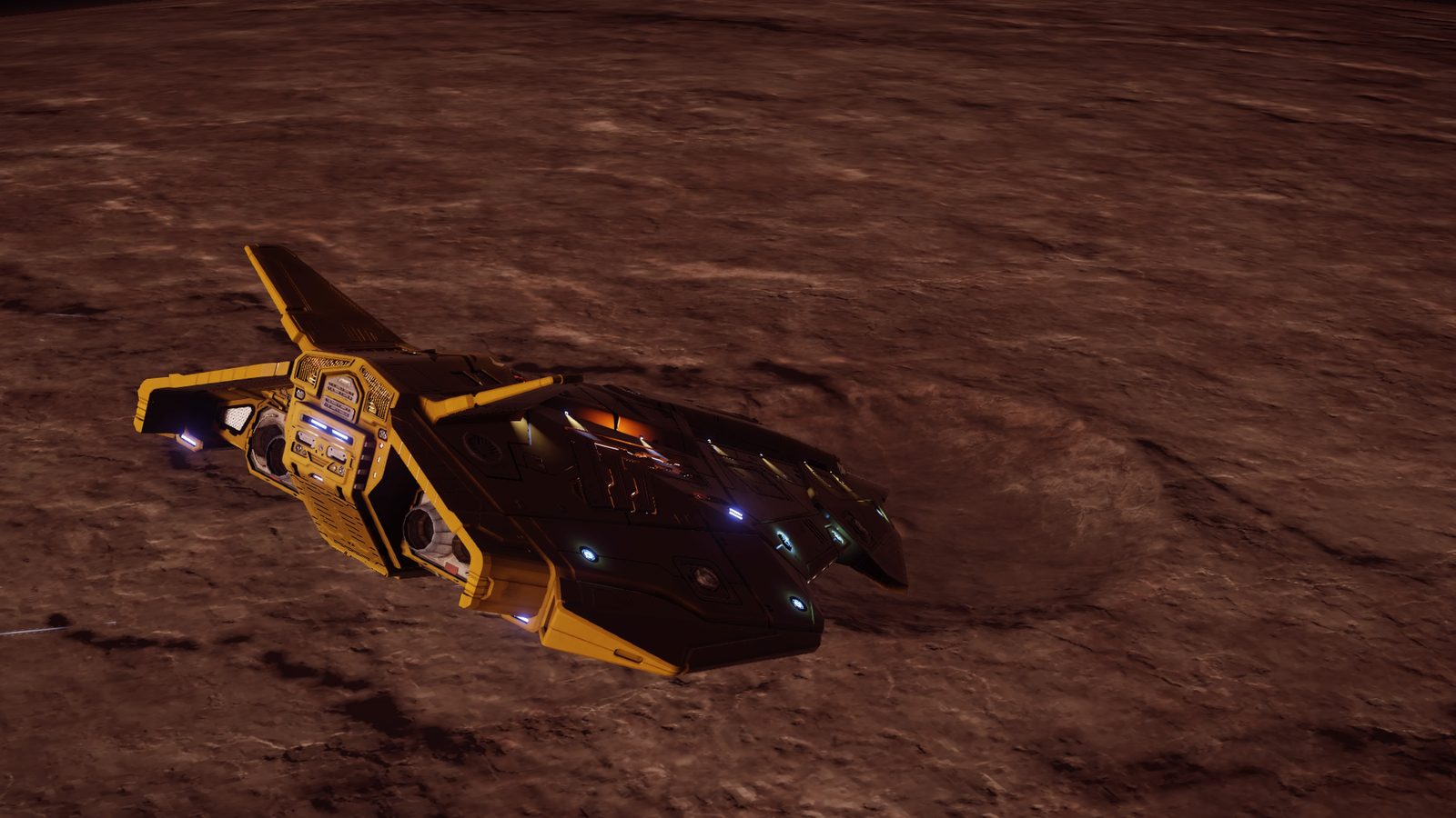Ship over planet surface, external perspective.