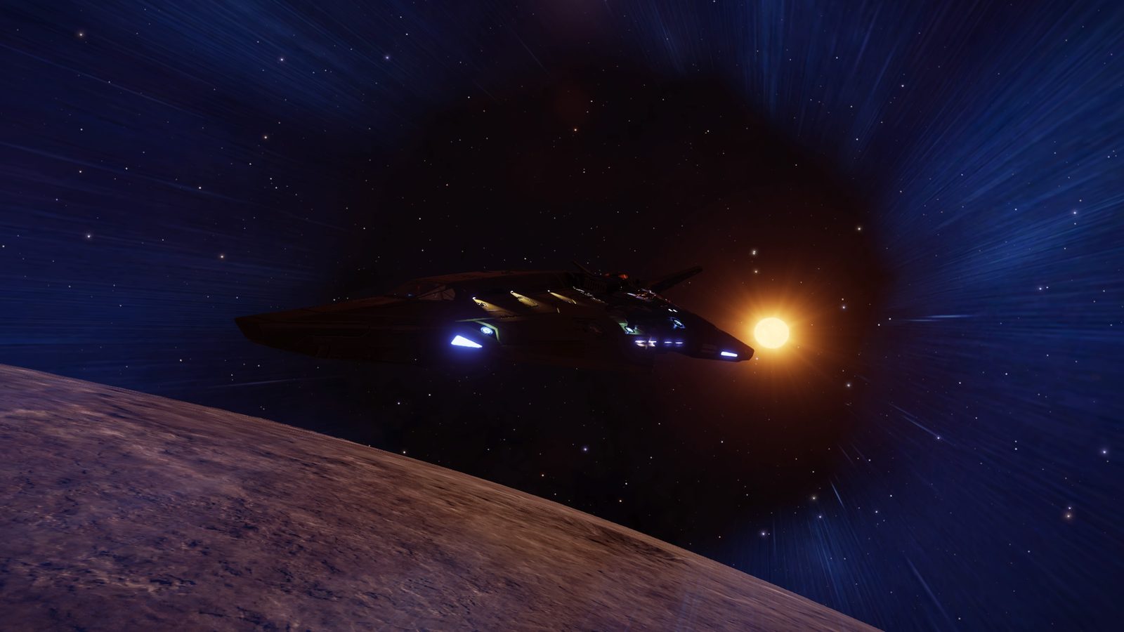 Ship near planet with star in background, atmospheric and visually strong.