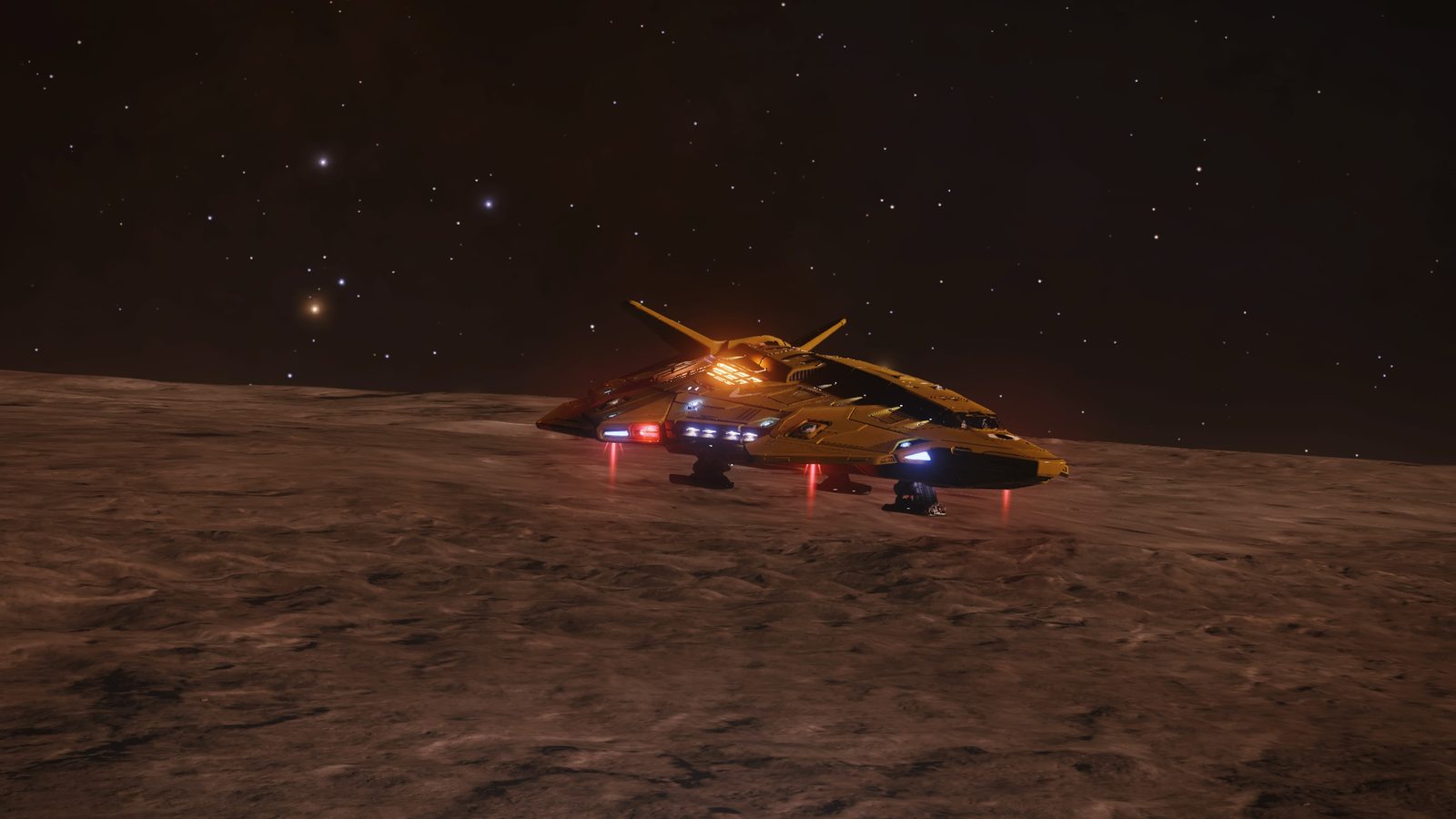 Ship on planetary surface with starfield, clear and atmospheric.