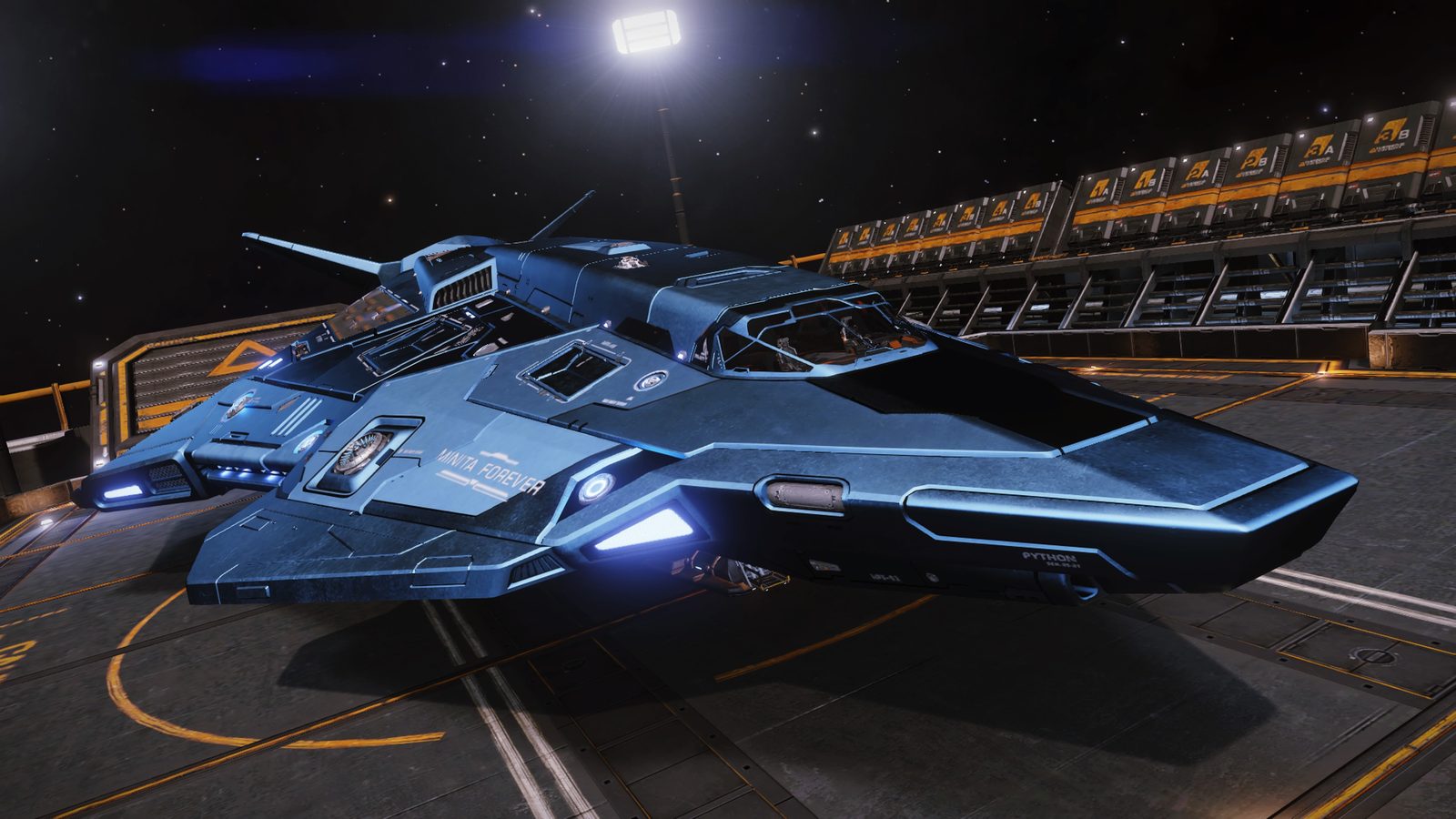 Ship on station landing pad, detailed and well-lit.
