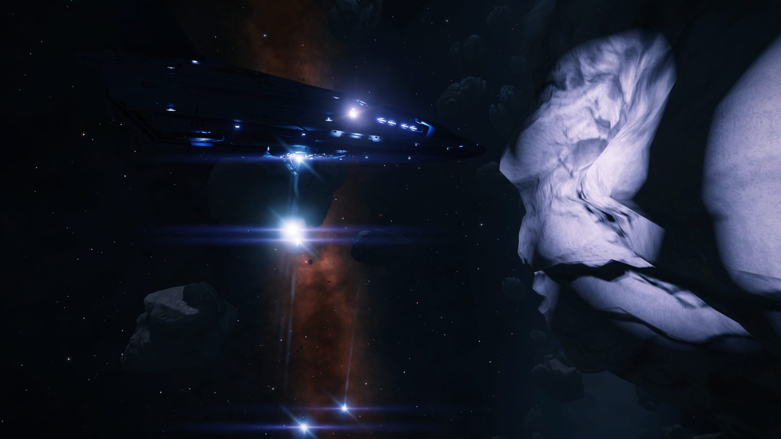 Engaging space scene with ship and asteroids, good light flares.