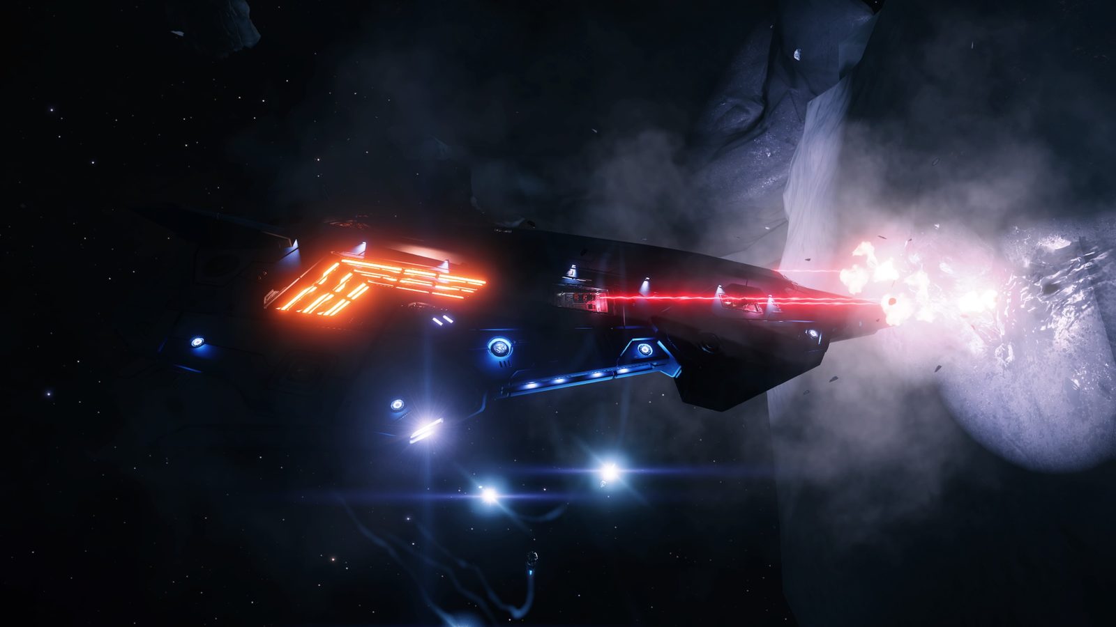 Dynamic combat shot with visible ship and explosion effects.