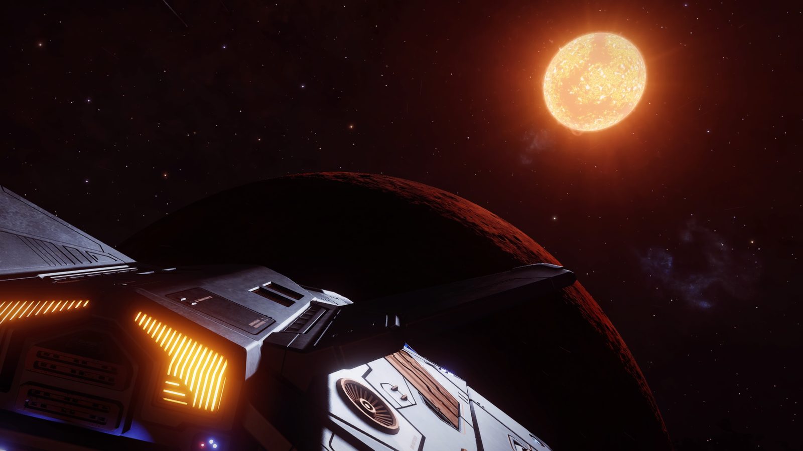 Ship near planet with star in background, visually rich.
