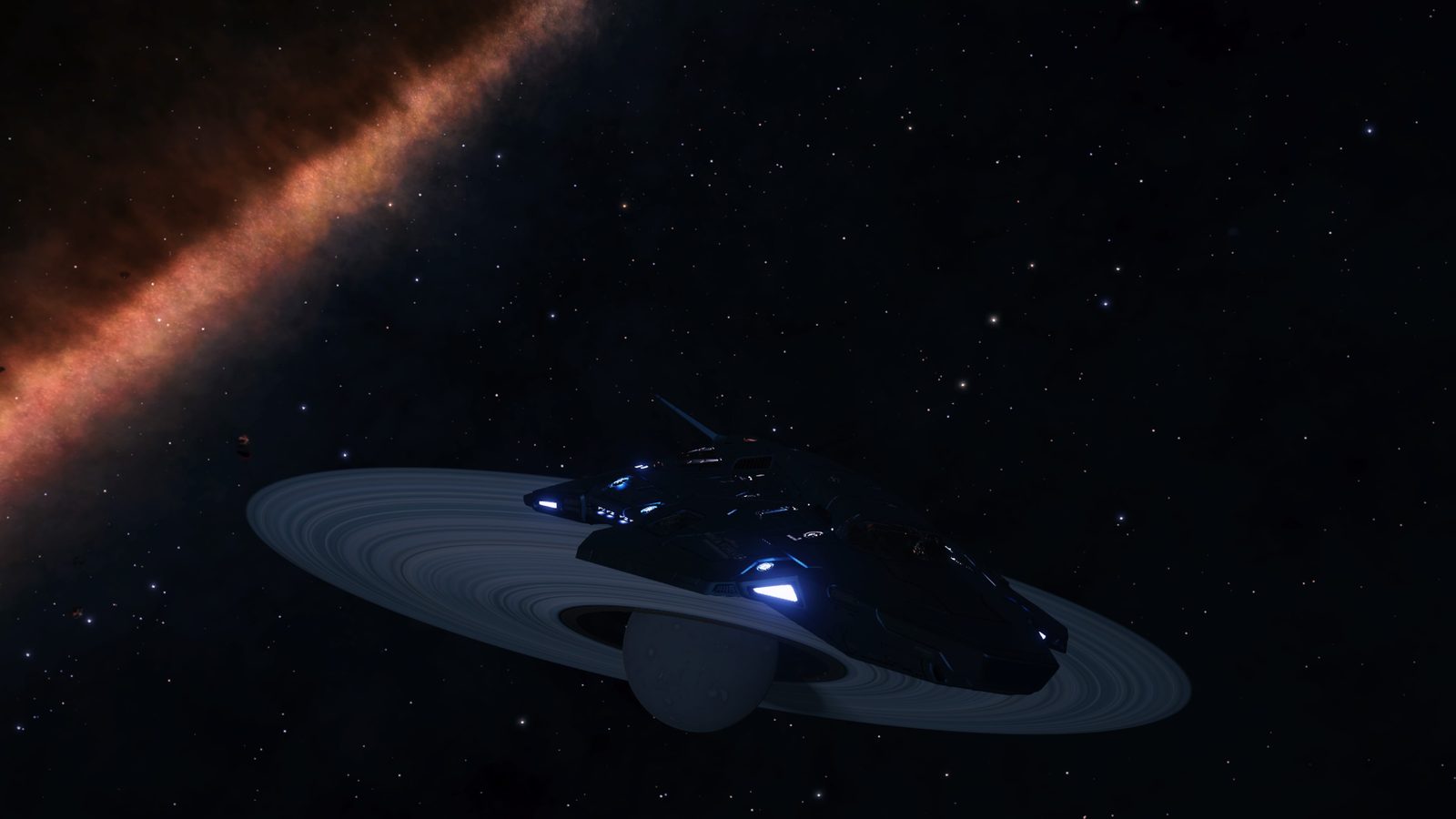 Spacecraft near ringed planet, well composed and clear.