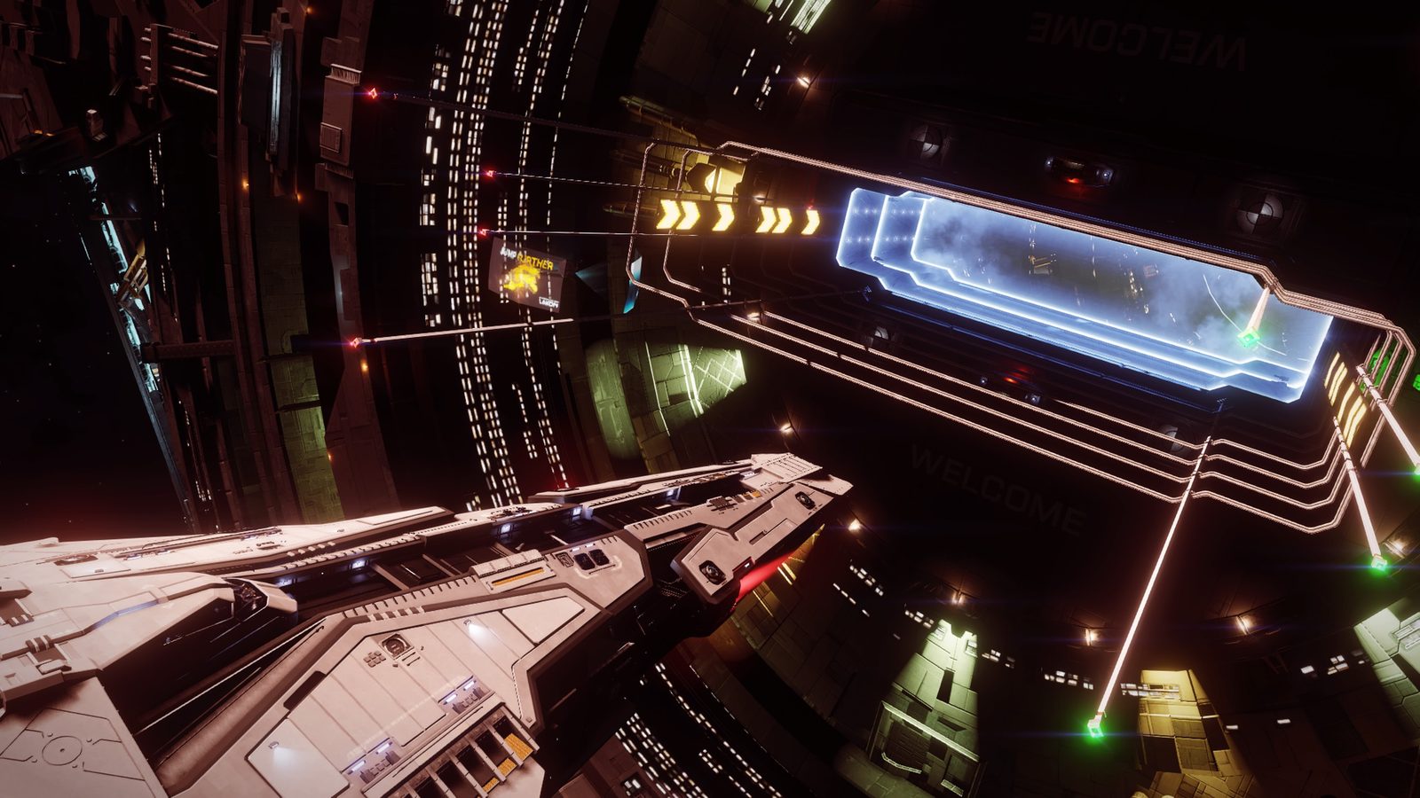 Ship docked or near station interior, rich detail and lighting.