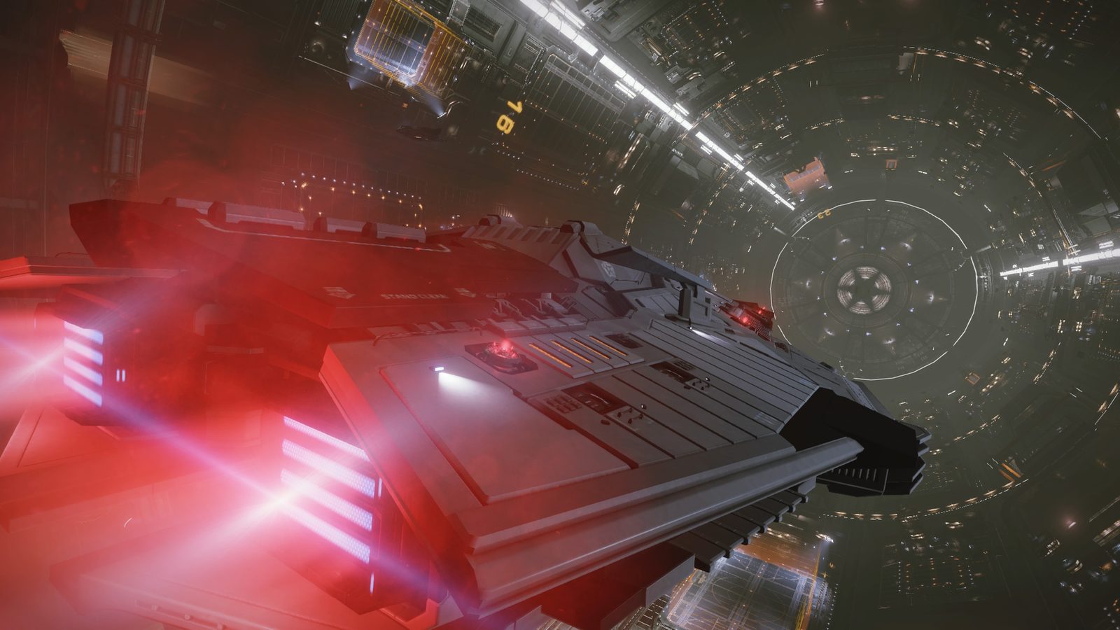 Thrusters glowing inside station, energetic and detailed.