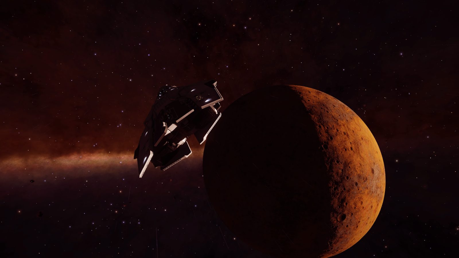 Ship near a detailed planet with strong lighting.