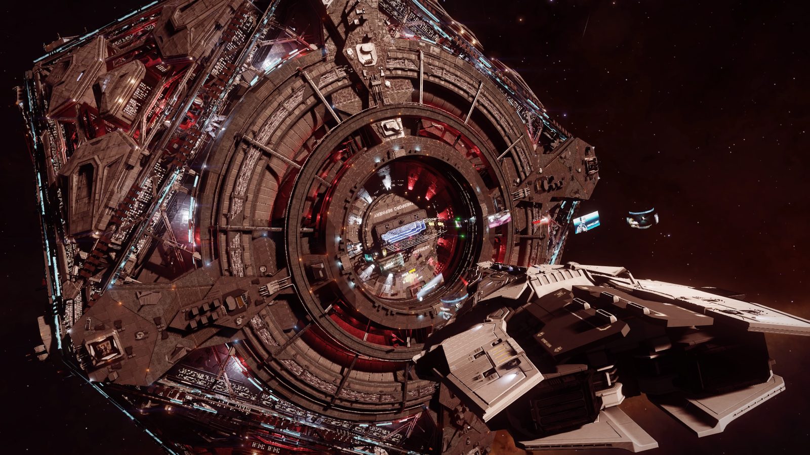 Ship docked at detailed space station with vibrant lighting.
