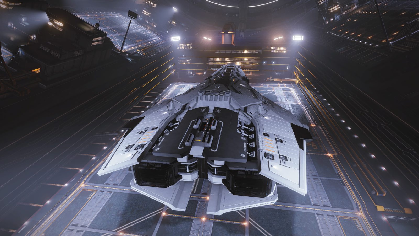Ship on landing pad with detailed exterior and lighting.