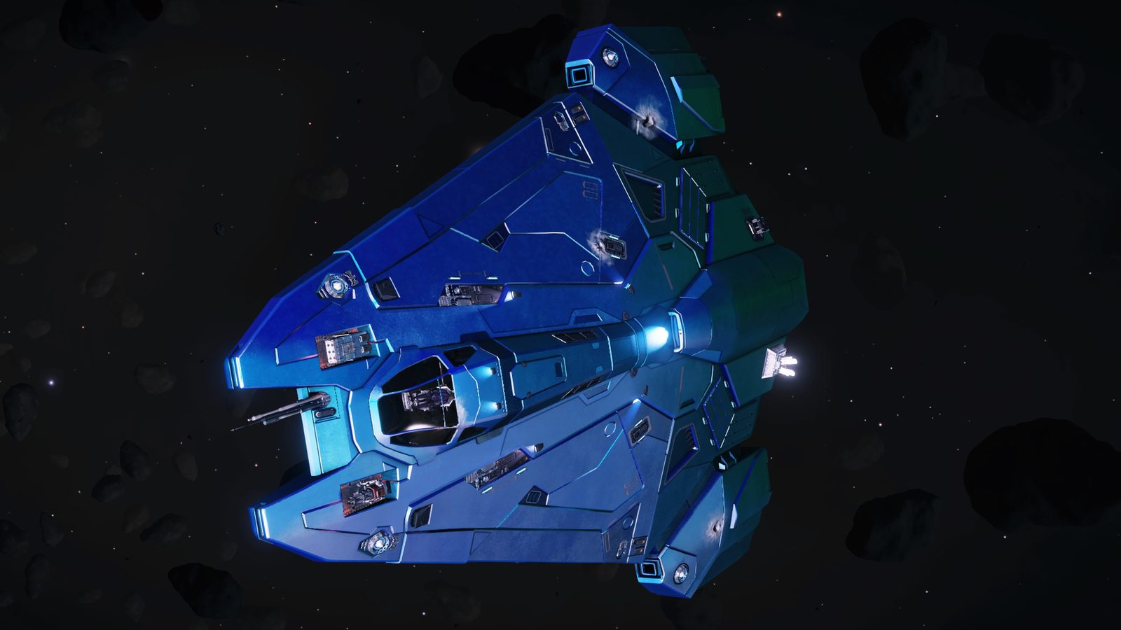 Detailed ship close-up with asteroid field background.