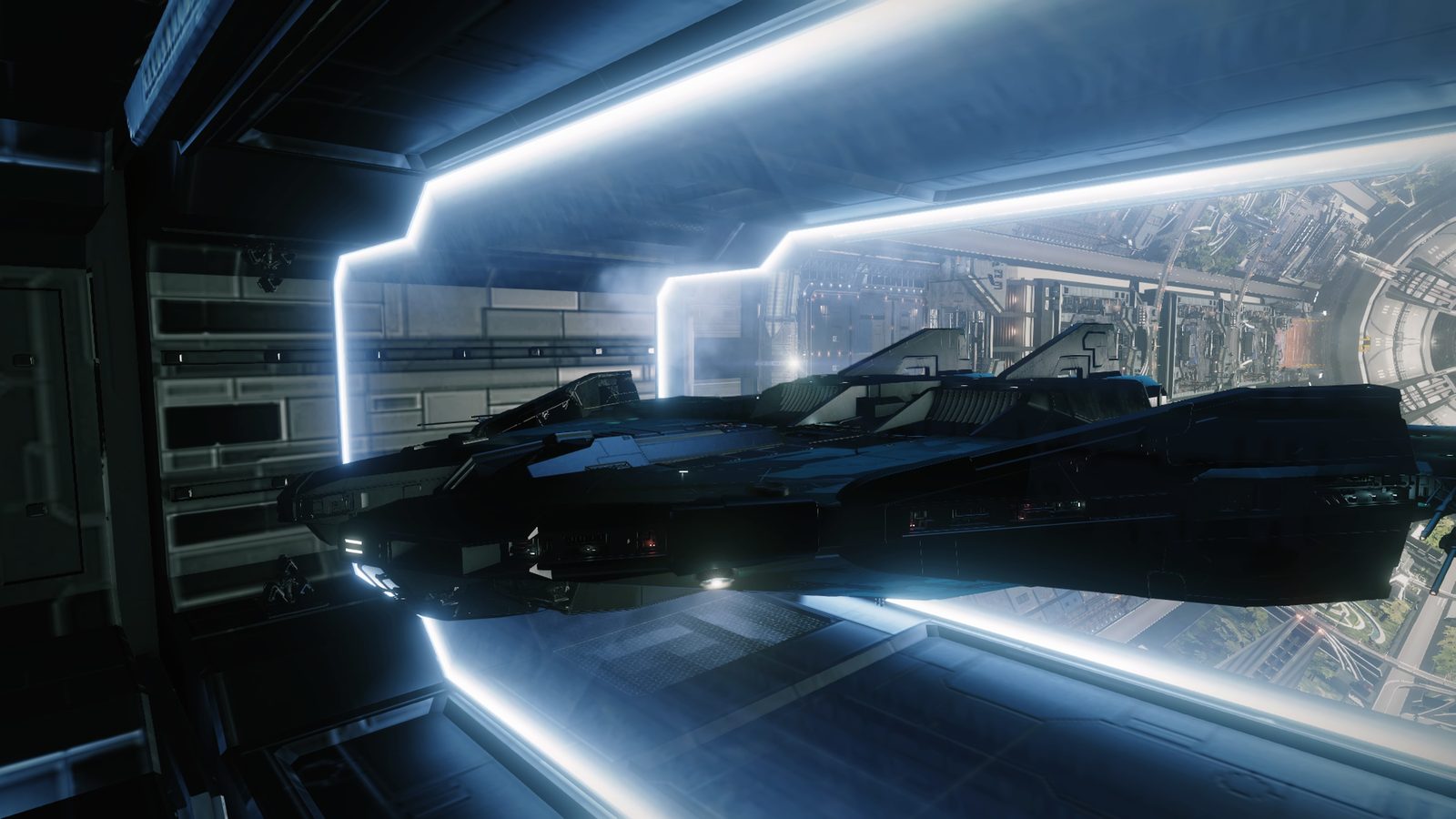 Dynamic docked ship shot with interior lighting.