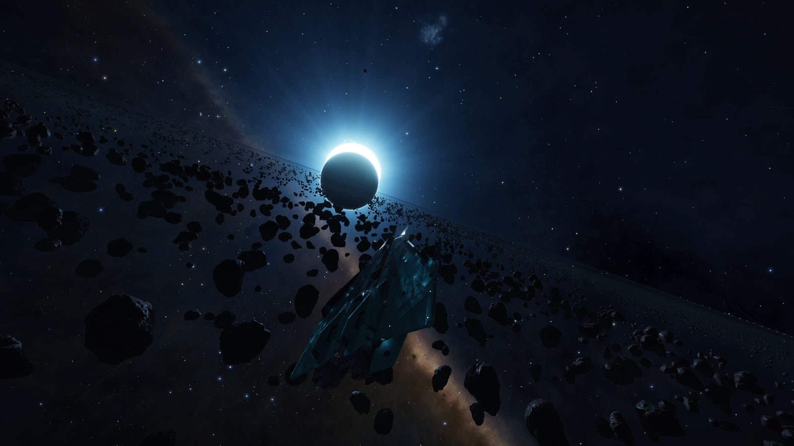 Dark space scene with eclipsed star and detailed asteroid belt framing the ship.