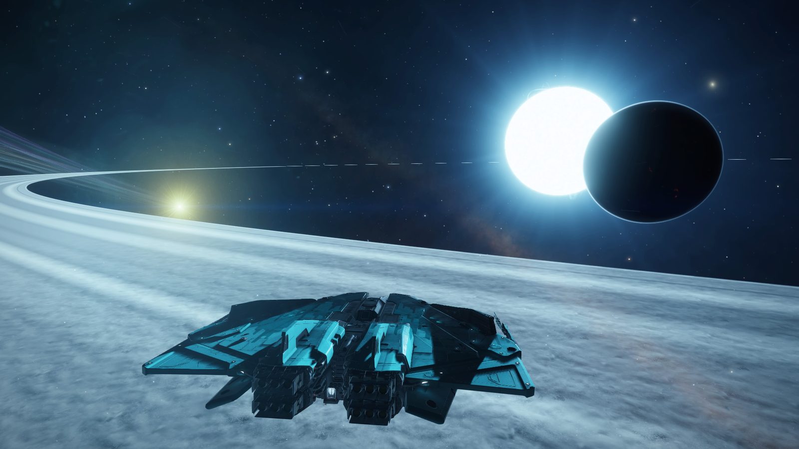 Ship flying over bright rings with two stars visible, strong lighting contrast.