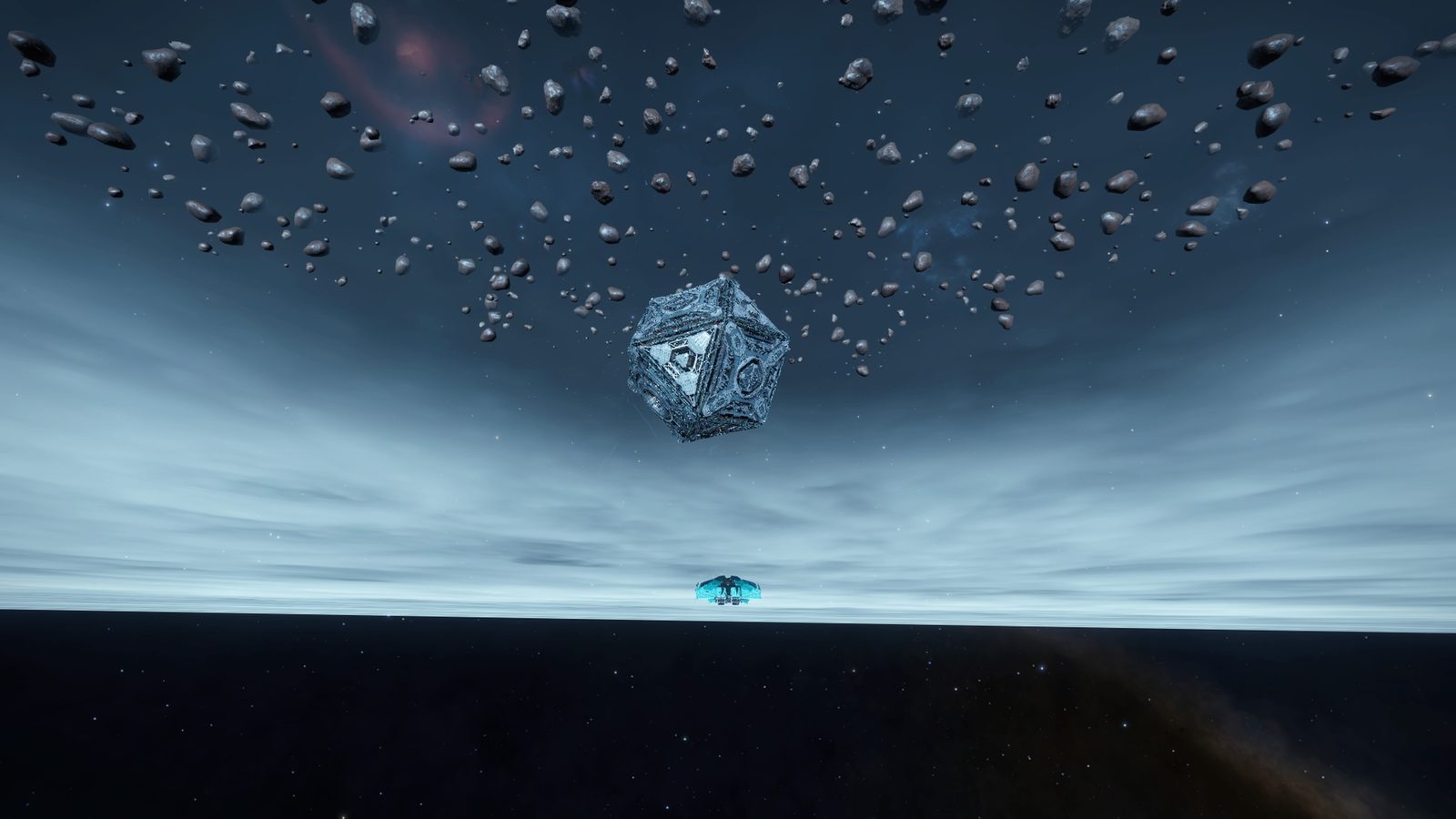 Dodecahedron-like object floating among asteroids with ship below.