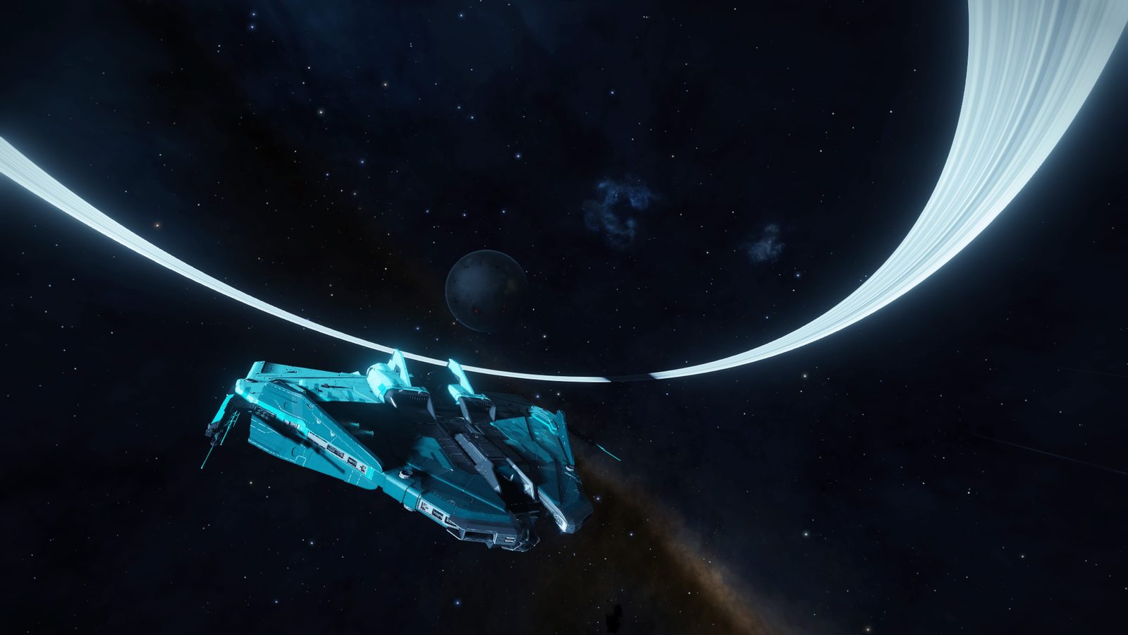 Strong space scene with ship near rings.