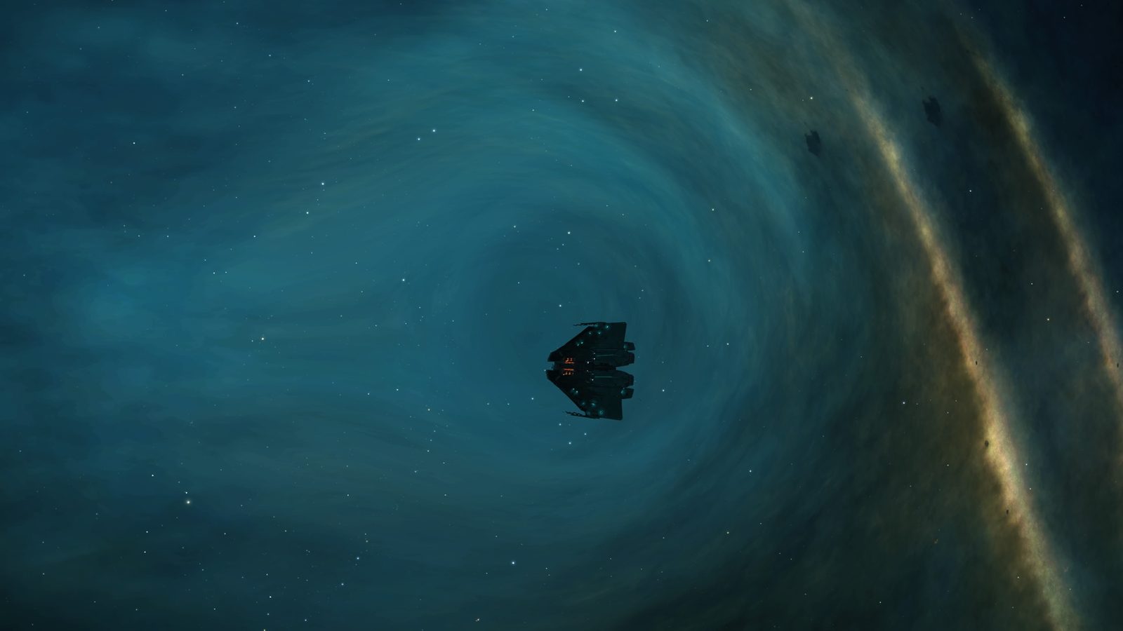 Ship in space vortex with galaxy band.