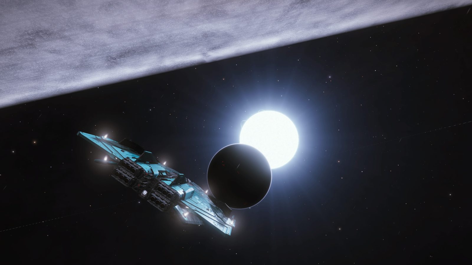 Ship near planet and star, strong space atmosphere.