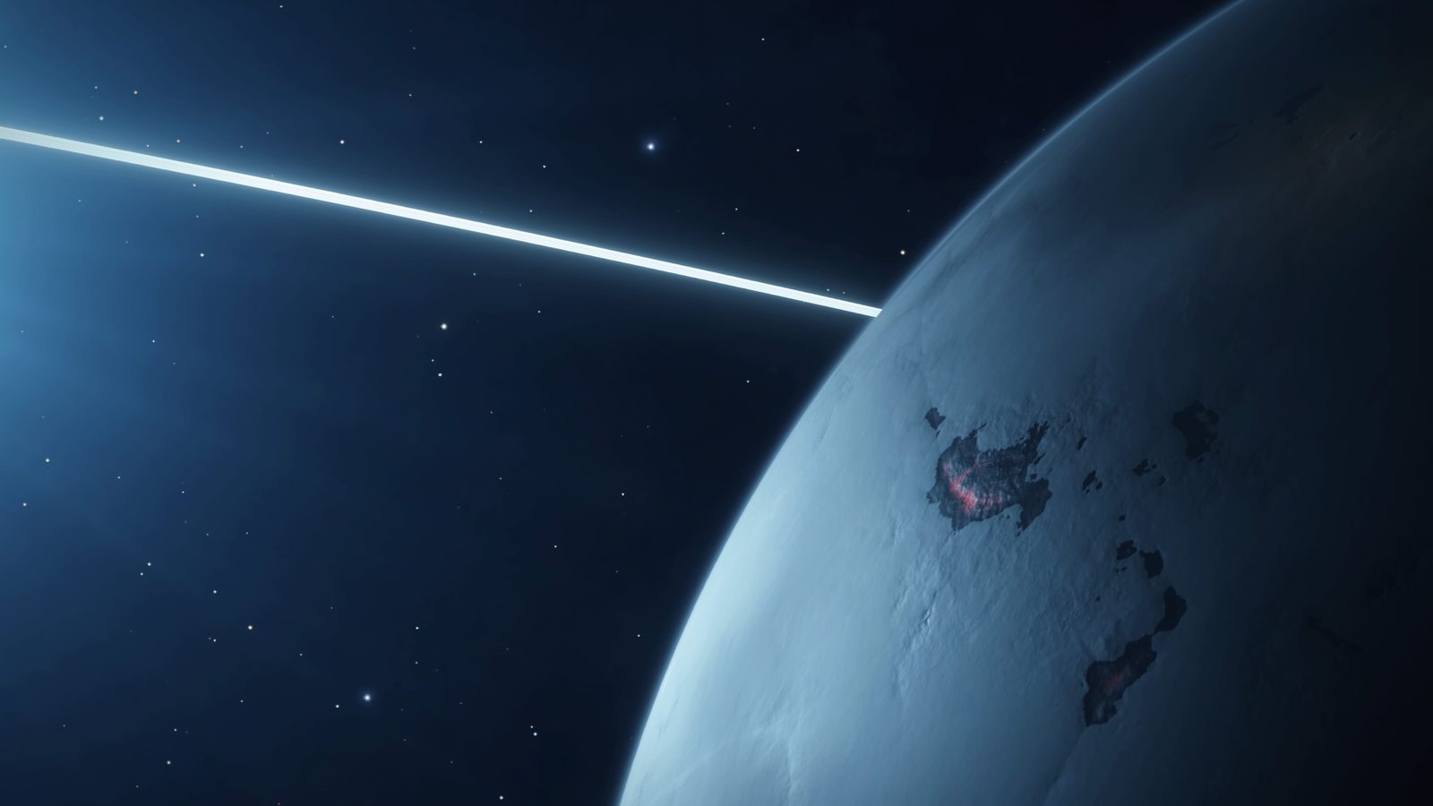 Planet with beam and structure, atmospheric and scale-rich.