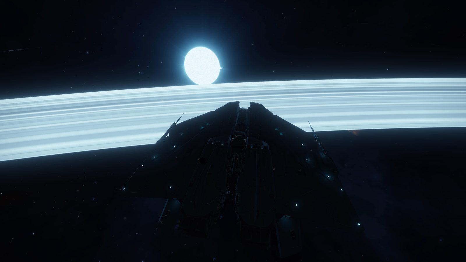 Atmospheric space shot with clear celestial features and ship detail.