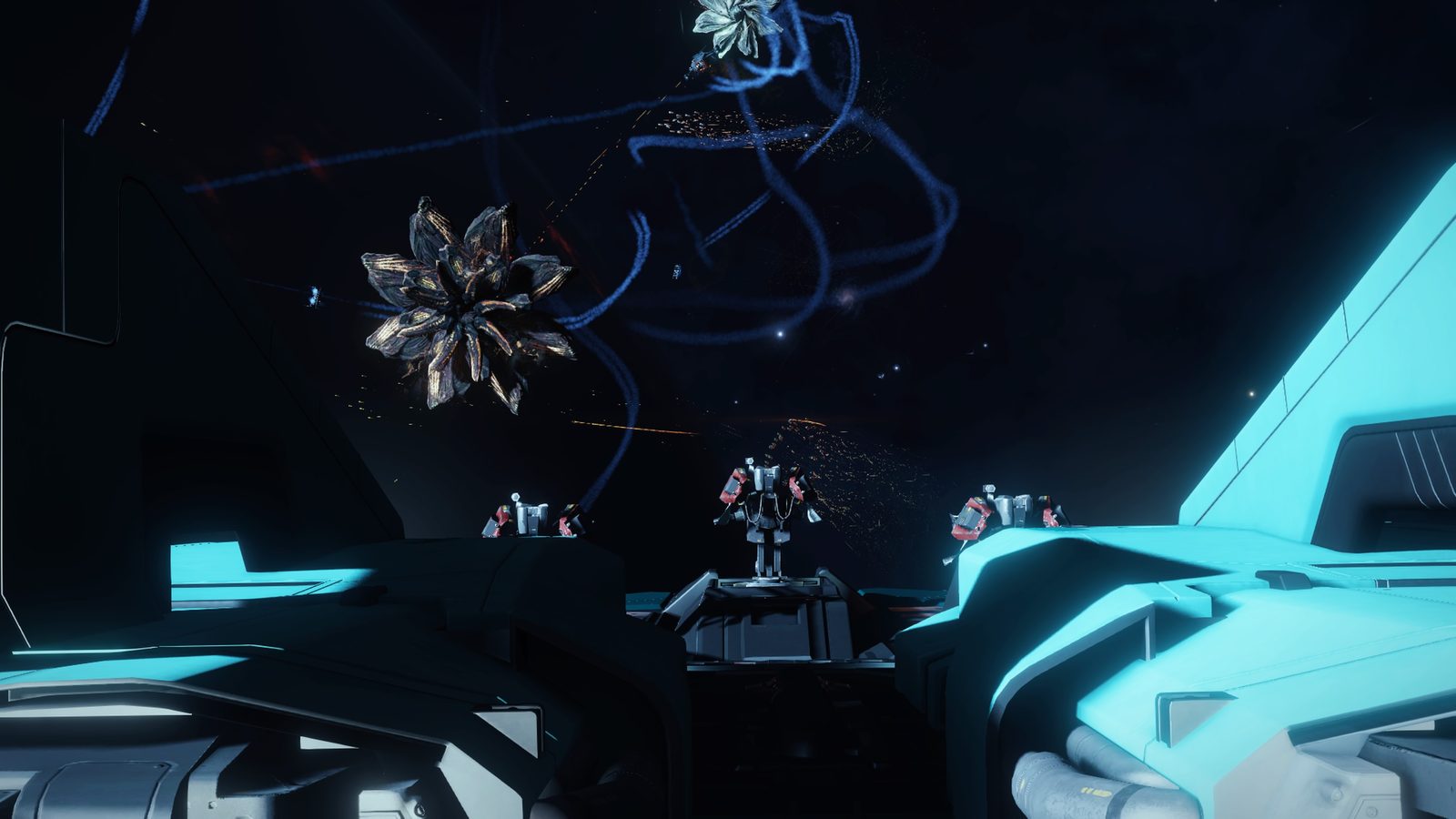 Action-oriented space shot with multiple ships and effects.