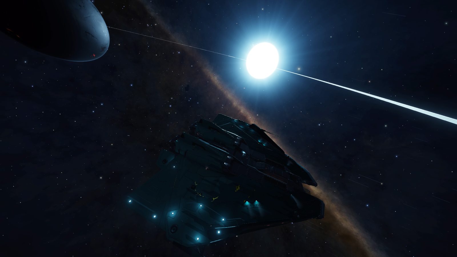 Clear space scene with ship and celestial bodies.
