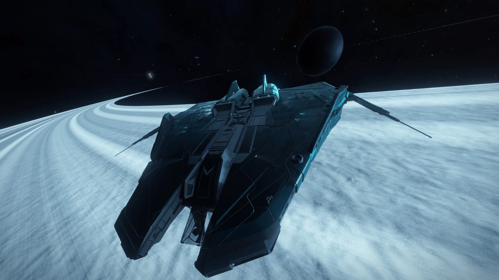Detailed ship and planetary rings close-up.