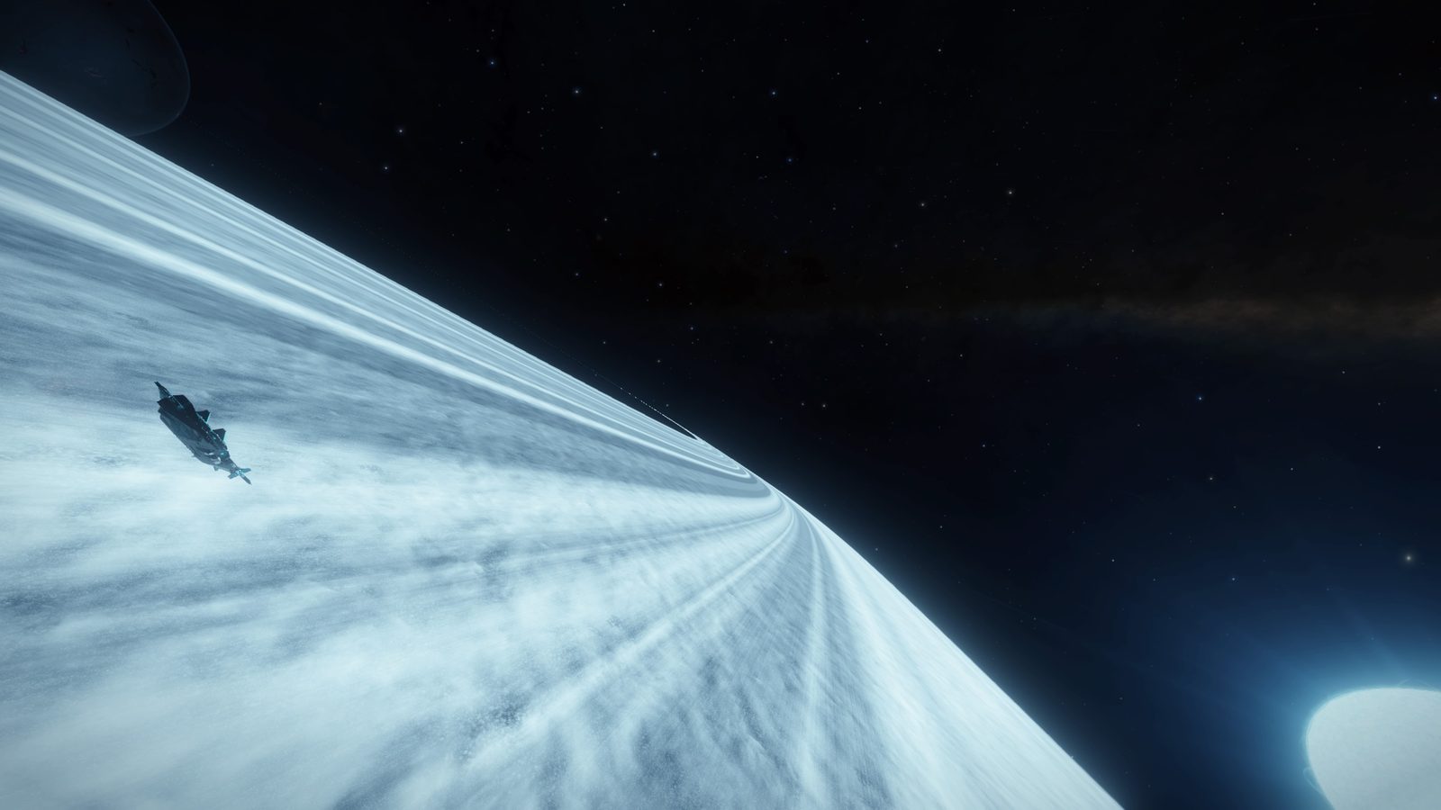 Wide space scene with ship and planetary rings.